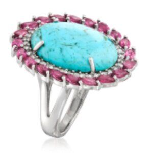 Turquoise, 2.40 ct. Rhodolite Garnet and .50 ct.White Zircon Ring SZ 7